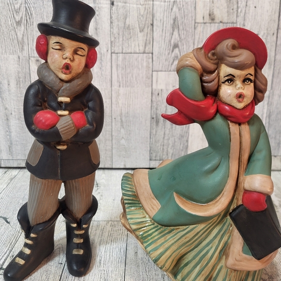 Set of 2 Vintage Atlantic Mold Hand Painted Ceramic Christmas Carolers Boy Girl - Picture 11 of 11